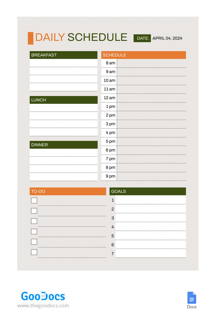Minimalist Daily Schedule - free Google Docs Template - 10065457
