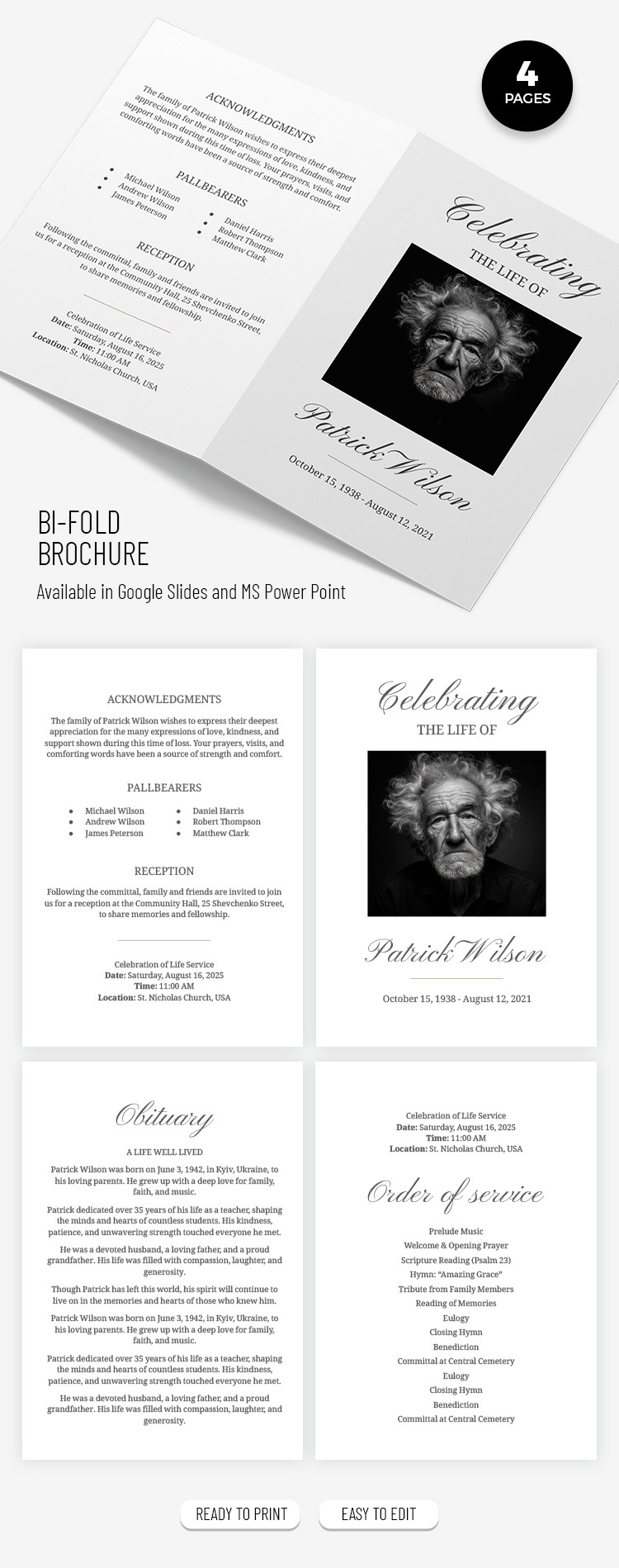 Free Minimalist Funeral Program Template with Photo In Google Slides
