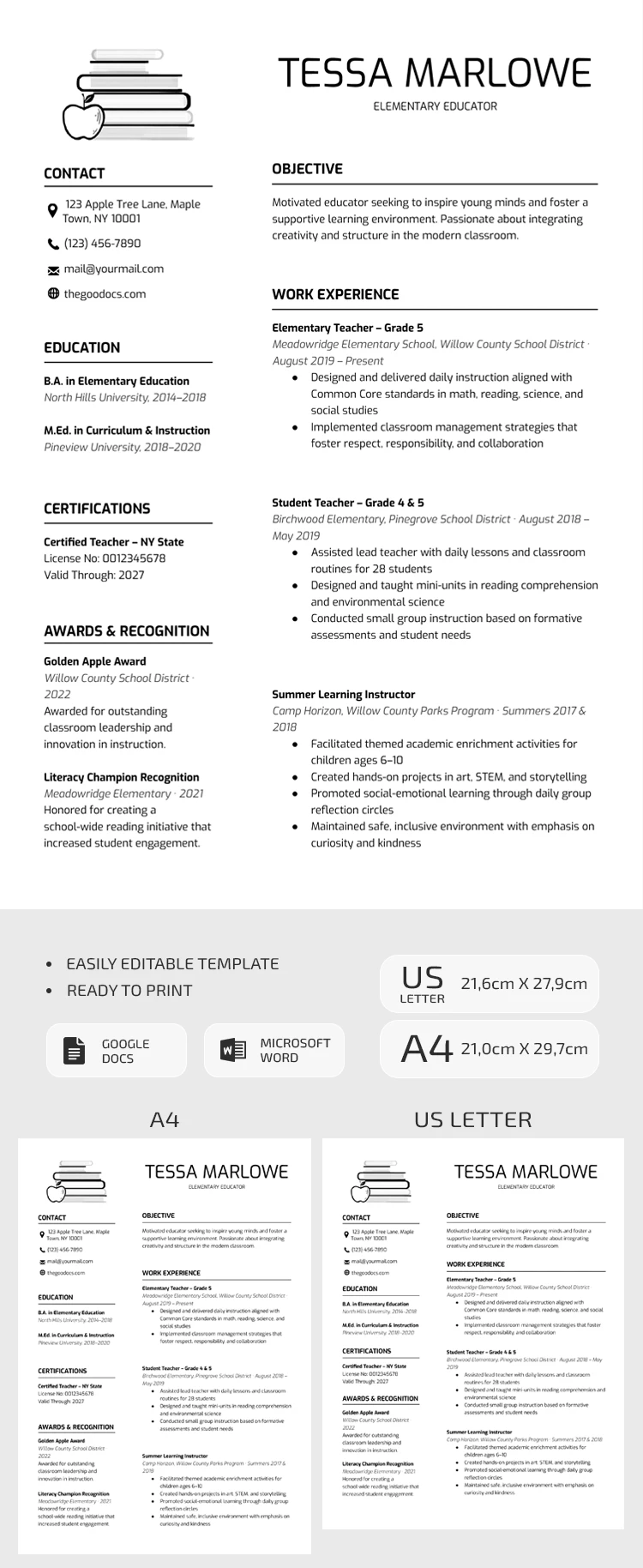 Printable Minimalist Teacher Resume Template - free Google Docs Template - 10071529 Printable Minimalist Teacher Resume Template - free Google Docs Template - 10071529
