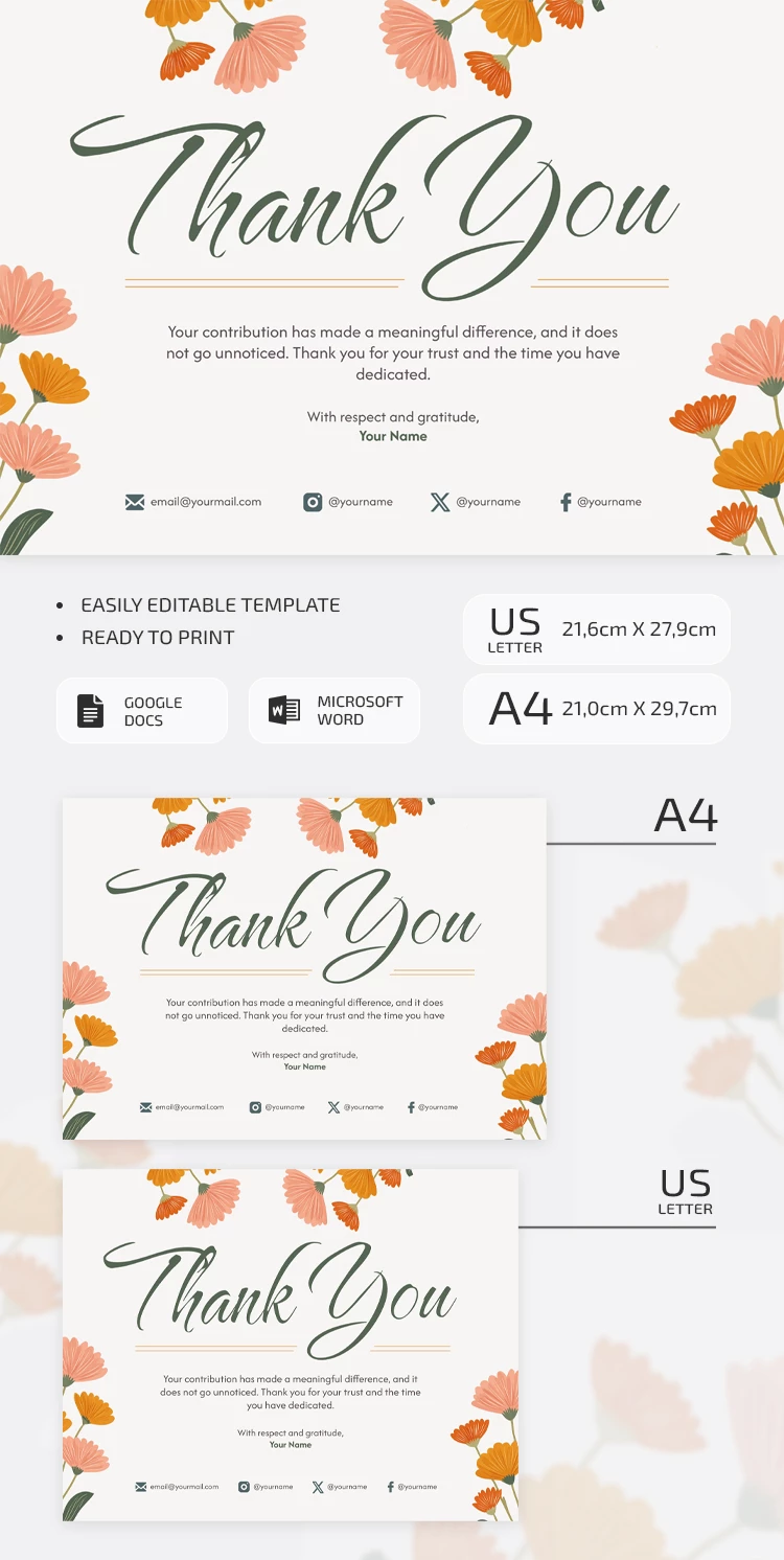 Modèle de note de remerciement minimaliste – Imprimable & Éditable - free Google Docs Template - 10071595
