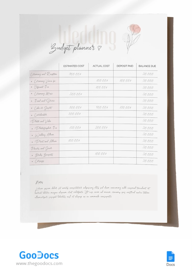 Presupuesto de boda minimalista - free Google Docs Template - 10066865