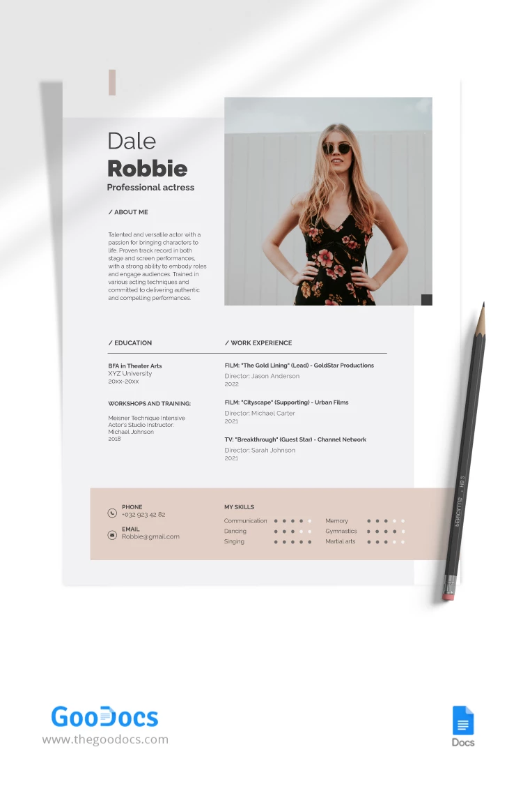 Minimalist White and Grey Actor Resume - free Google Docs Template - 10066646