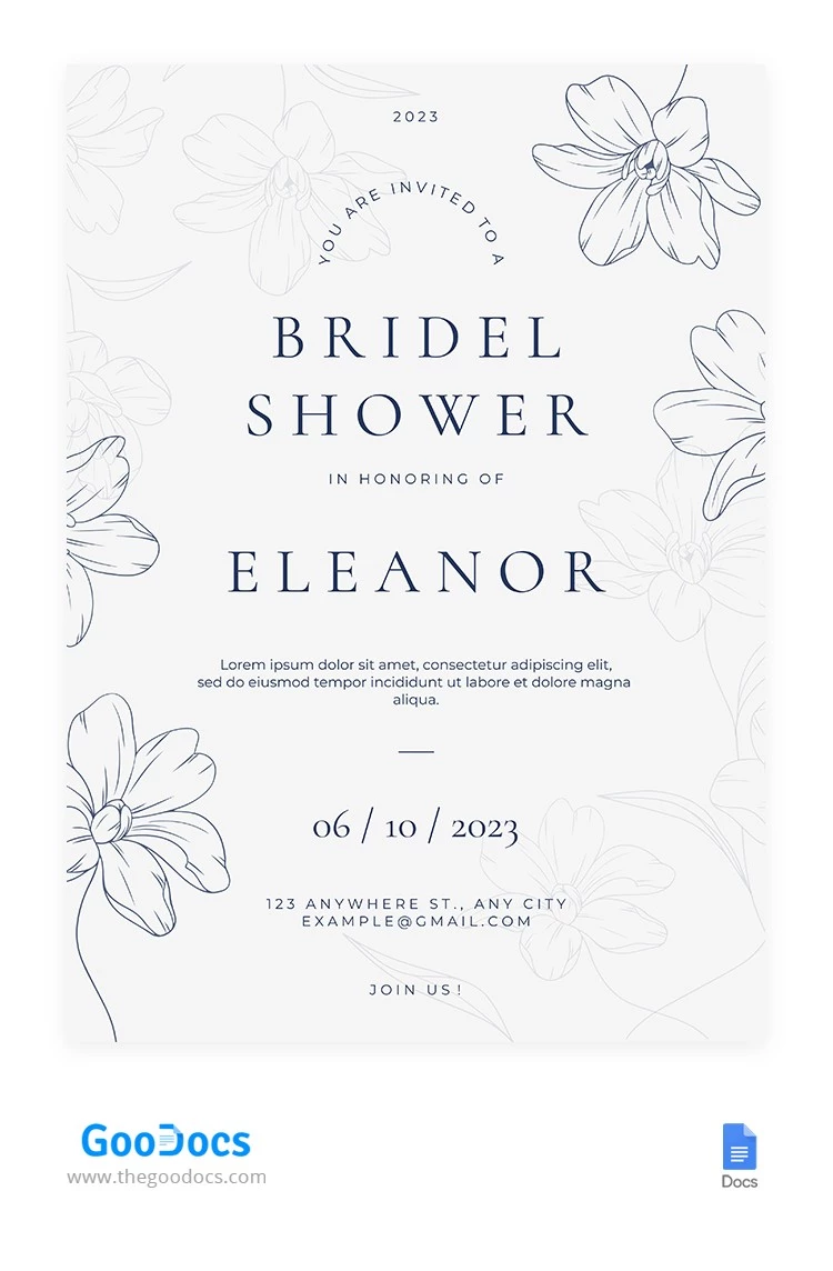 Convite minimalista de noiva com flores - free Google Docs Template - 10066135