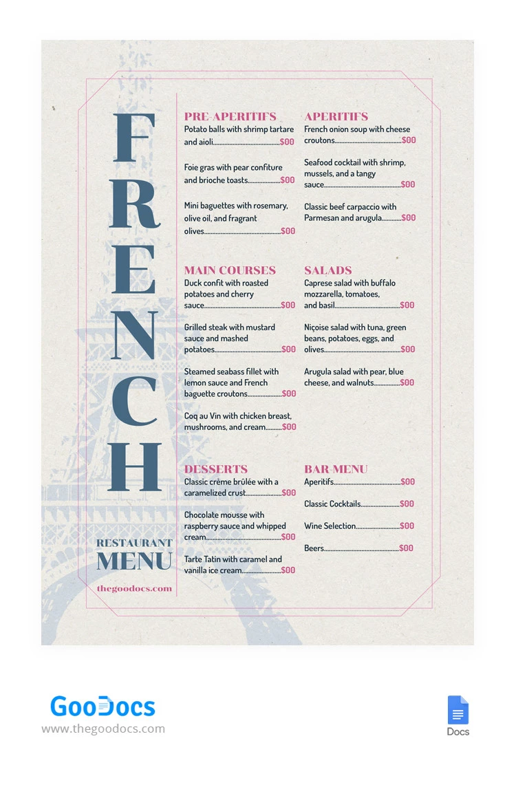 Cardápio de restaurante francês minimalista - free Google Docs Template - 10066271