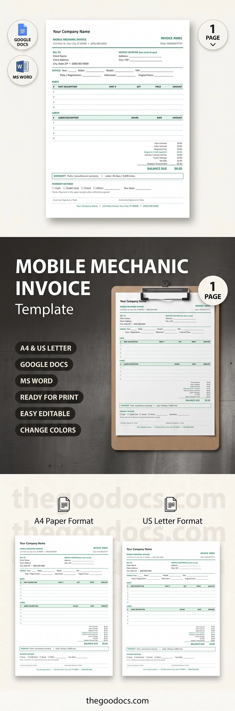 Vorschau von Mobile Mechaniker Rechnungsvorlage für Google Docs and Microsoft Word