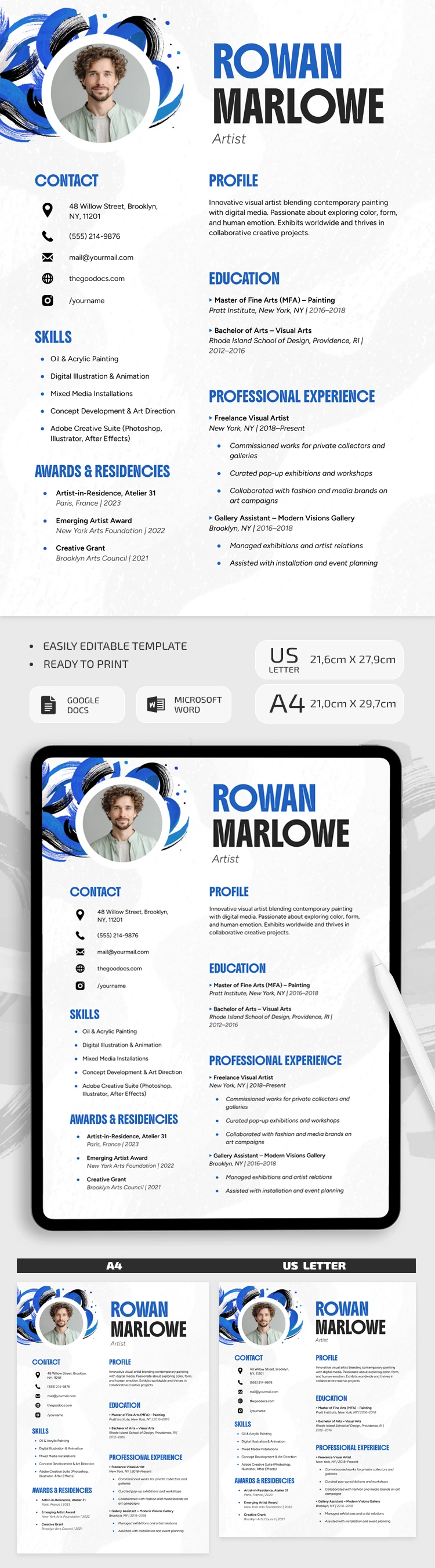 Editable Modern Artist Resume Template - free Google Docs Template - 10072176