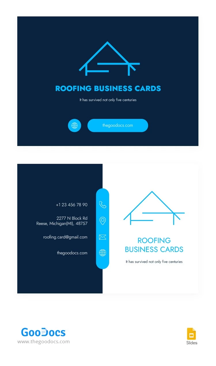 Tarjetas de presentación modernas de tejados azules - free Google Docs Template - 10066173