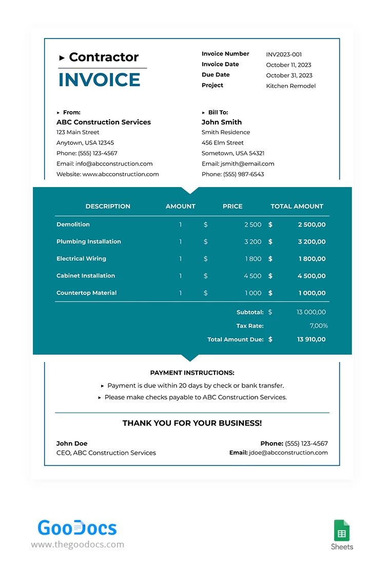 Modern Contractor Invoice - free Google Docs Template - 10067224