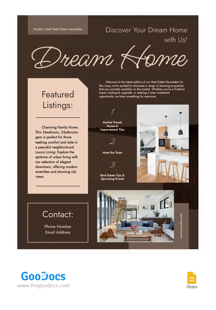 Moderne dunkle Immobilien-Newsletter - free Google Docs Template - 10067214