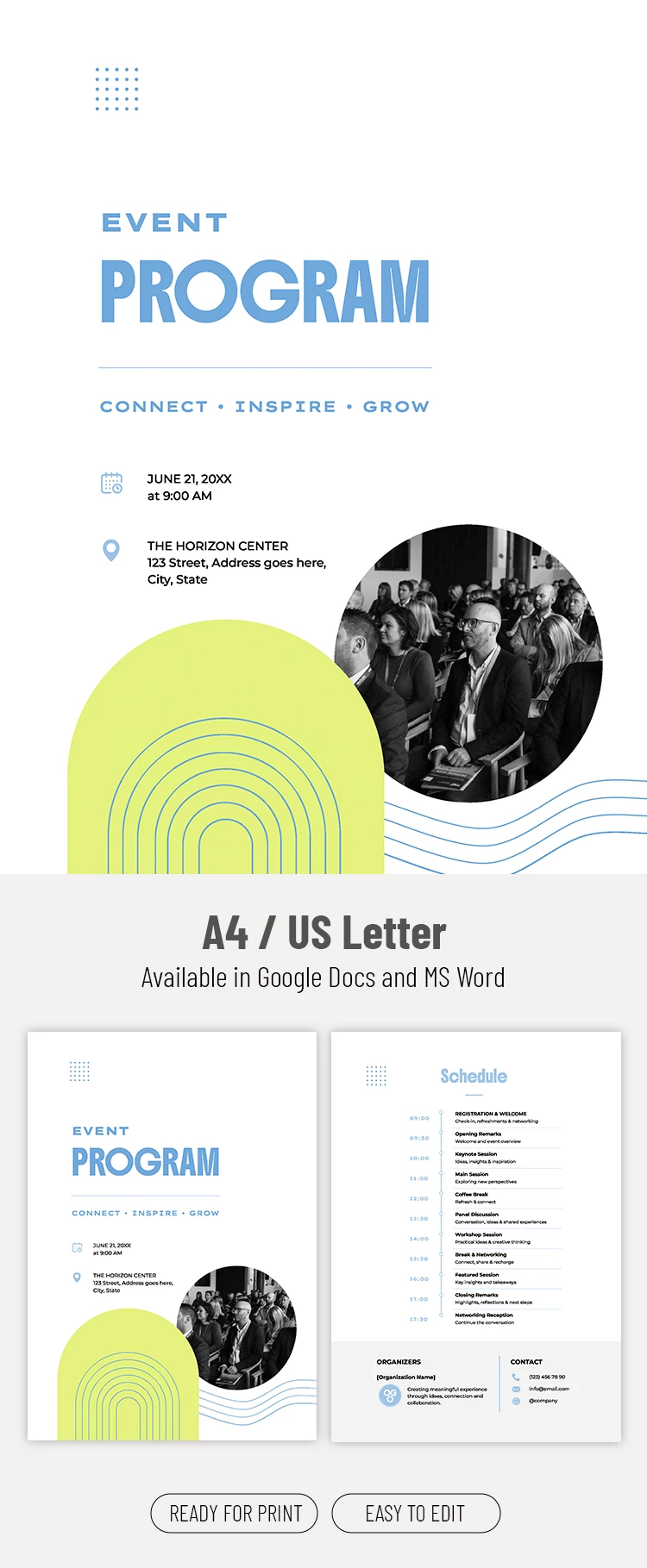 Preview of Modern Event Program Template for Google Docs and Microsoft Word