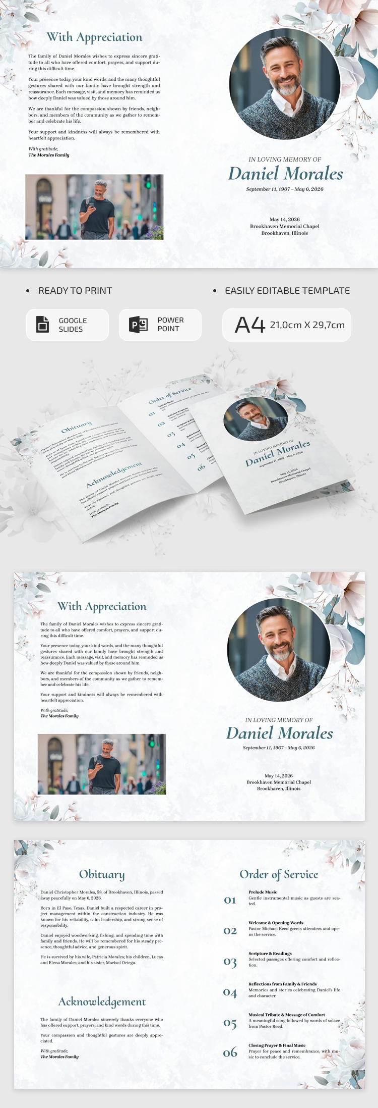 Preview of Modern Funeral Pamphlet for Google Slides and Microsoft PowerPoint