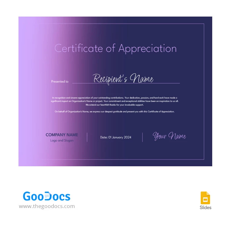 Certificado de Apreciação Moderno com Gradiente - free Google Docs Template - 10066393