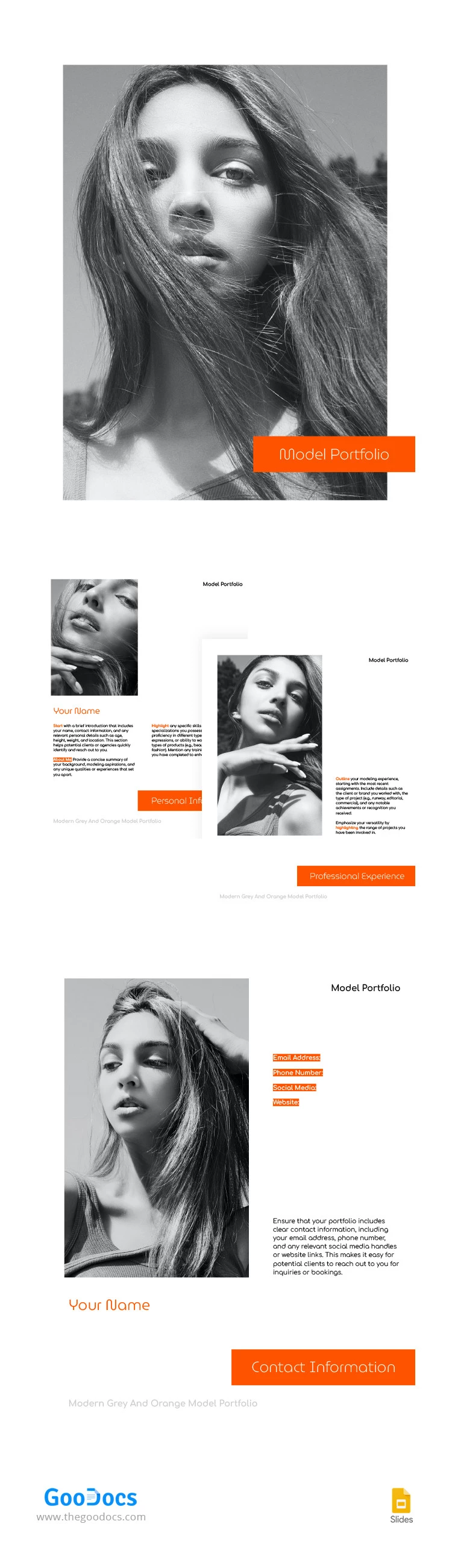 Modern Grey and Orange Model Portfolio - free Google Docs Template - 10066458
