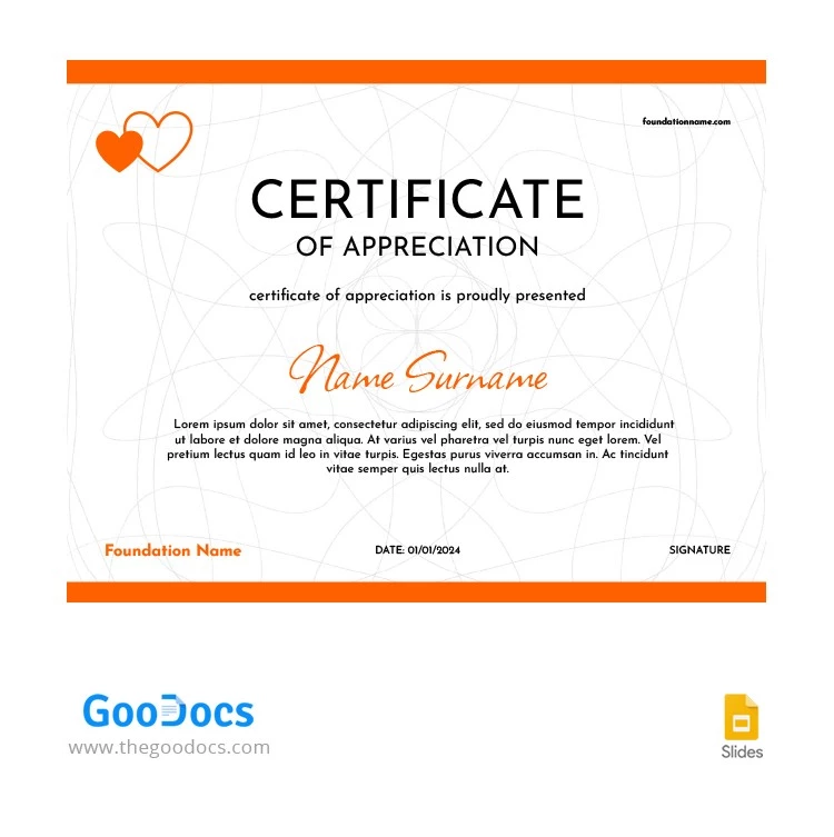 Certificato di Apprezzamento Moderno Arancione - free Google Docs Template - 10065963