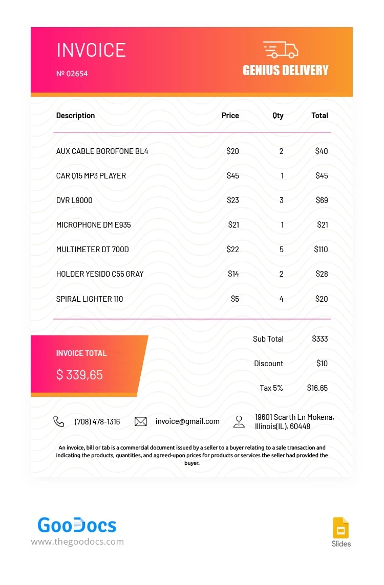 Modern Orange Contractor Invoice - free Google Docs Template - 10064401