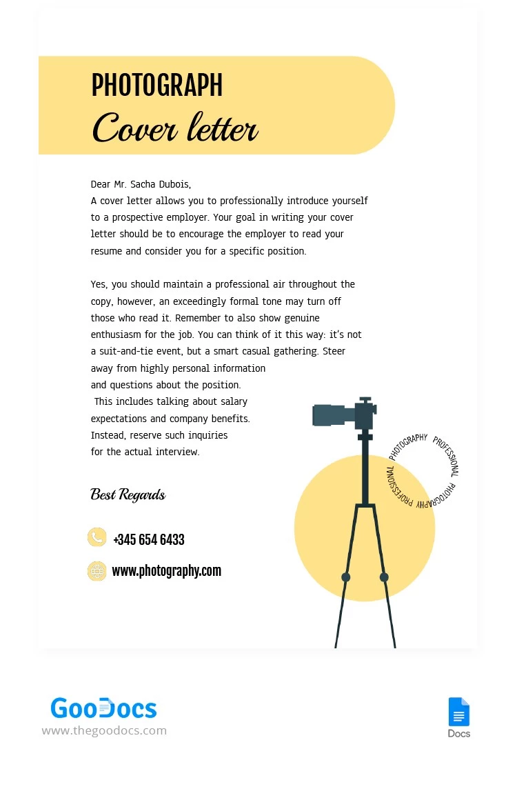 Modern Photography Cover Letter - free Google Docs Template - 10065830