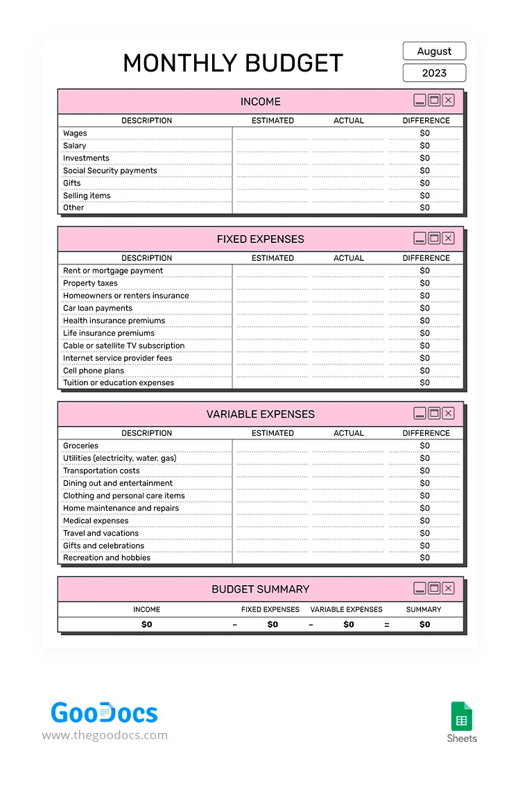 Presupuesto mensual rosa moderno - free Google Docs Template - 10066396