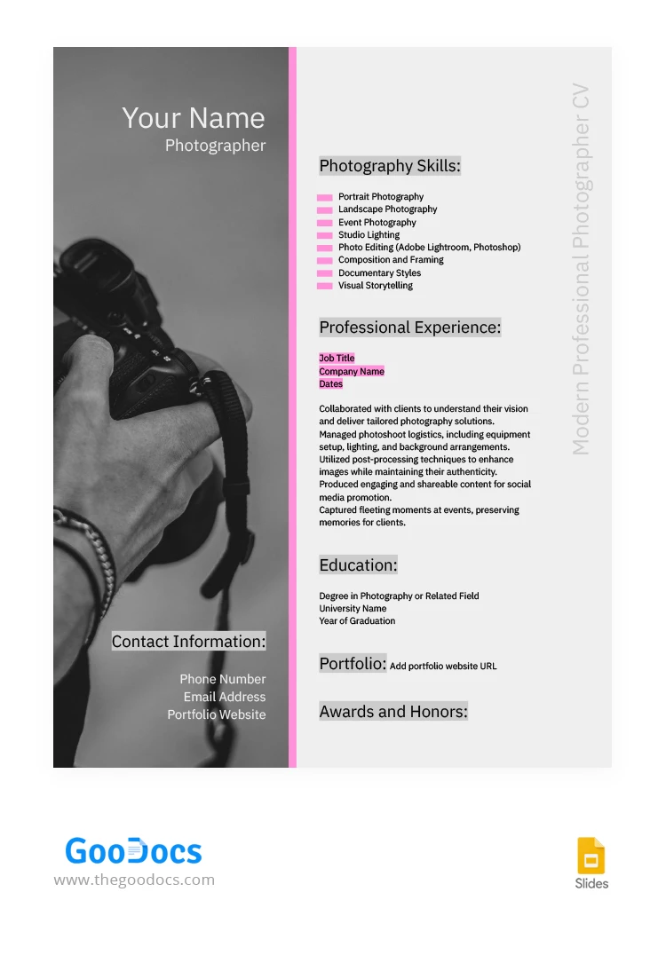 CV de photographe professionnel moderne - free Google Docs Template - 10066737