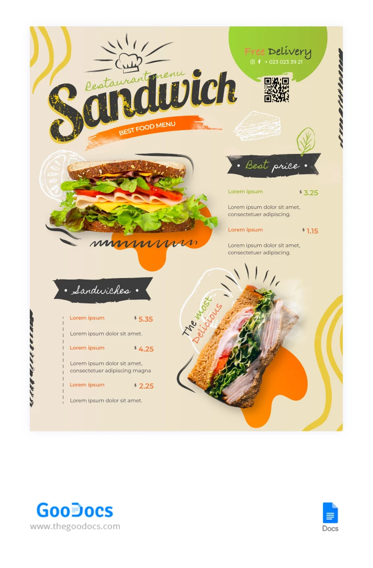 Menú del moderno restaurante de sándwiches - free Google Docs Template - 10066617