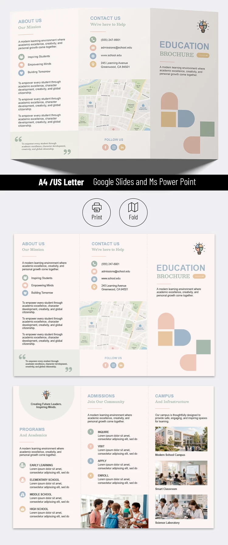 Preview of Modern School Brochure Template for Google Slides and Microsoft PowerPoint