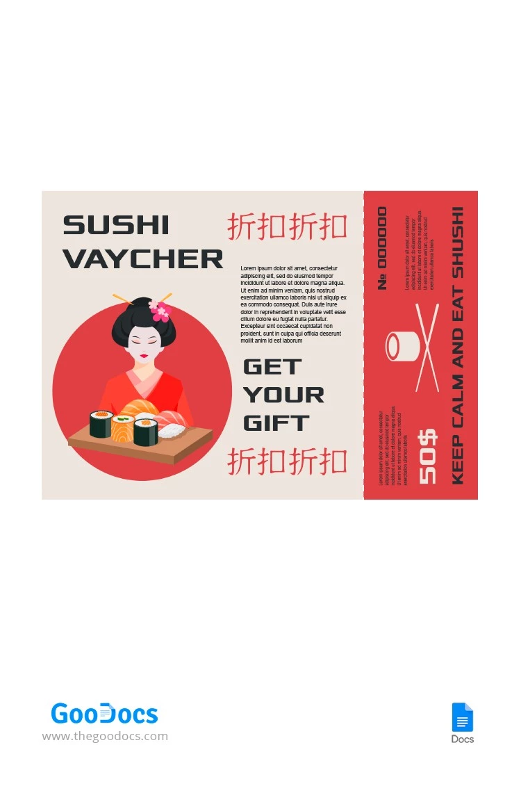 Certificat-cadeau de sushi moderne - free Google Docs Template - 10065955