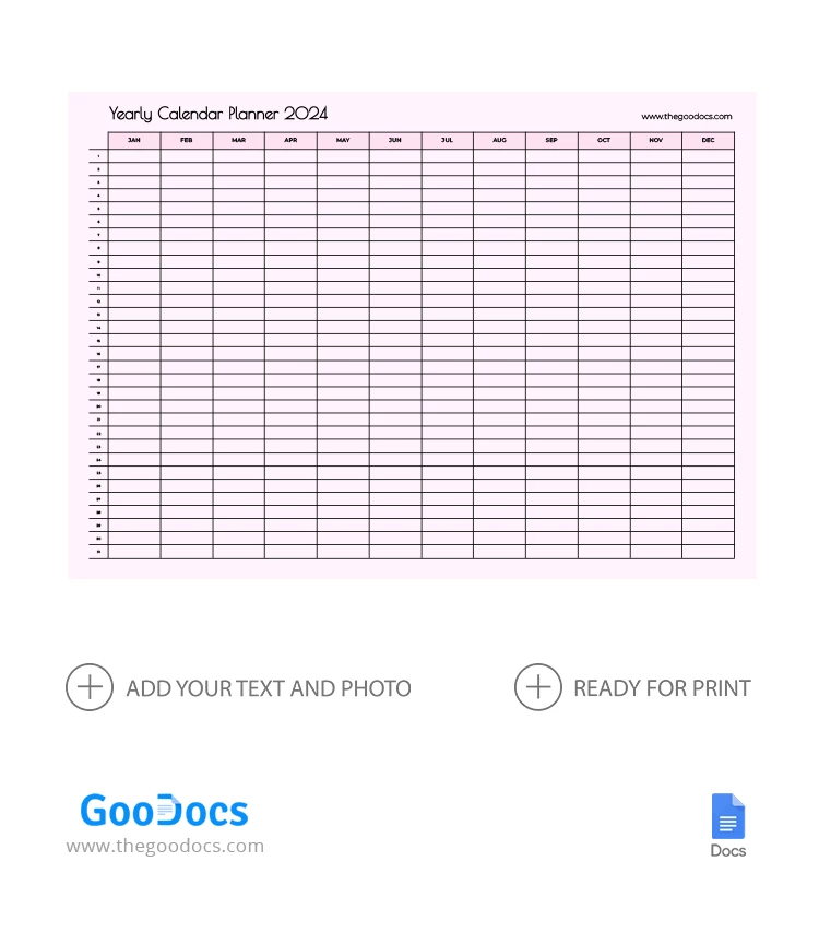Calendrier annuel moderne - free Google Docs Template - 10068518