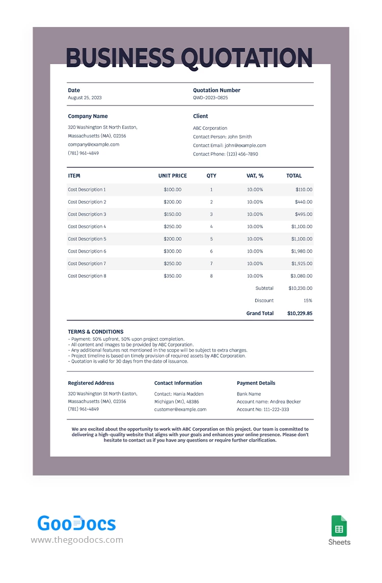 Cotação de Negócios Modesta - free Google Docs Template - 10066792