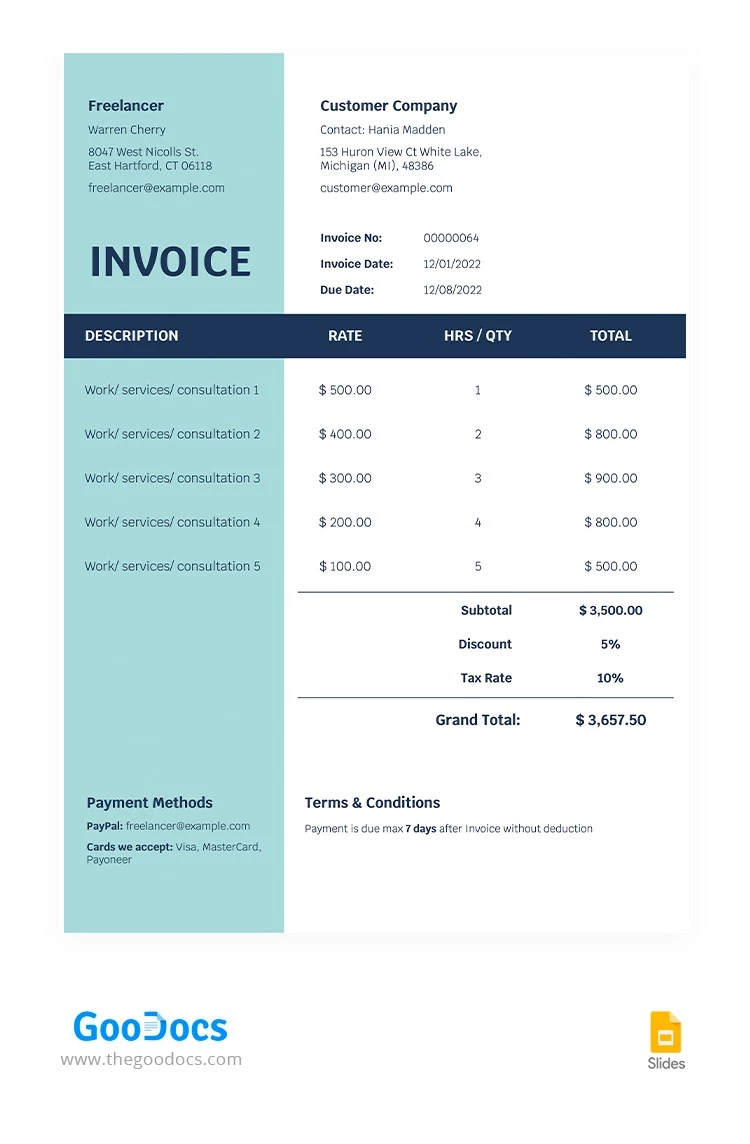 Facture modeste pour travailleur indépendant - free Google Docs Template - 10065036