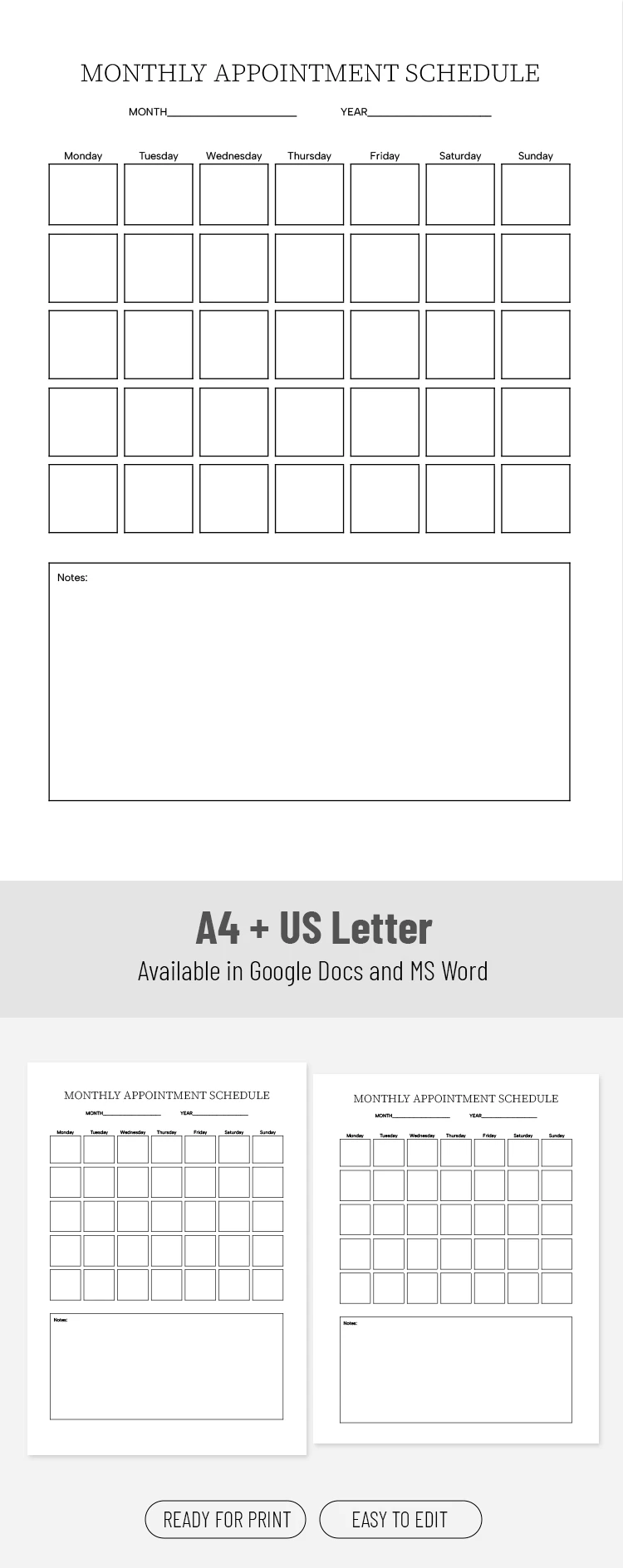 Preview of Monthly Appointment Schedule Template for Google Docs and Microsoft Word