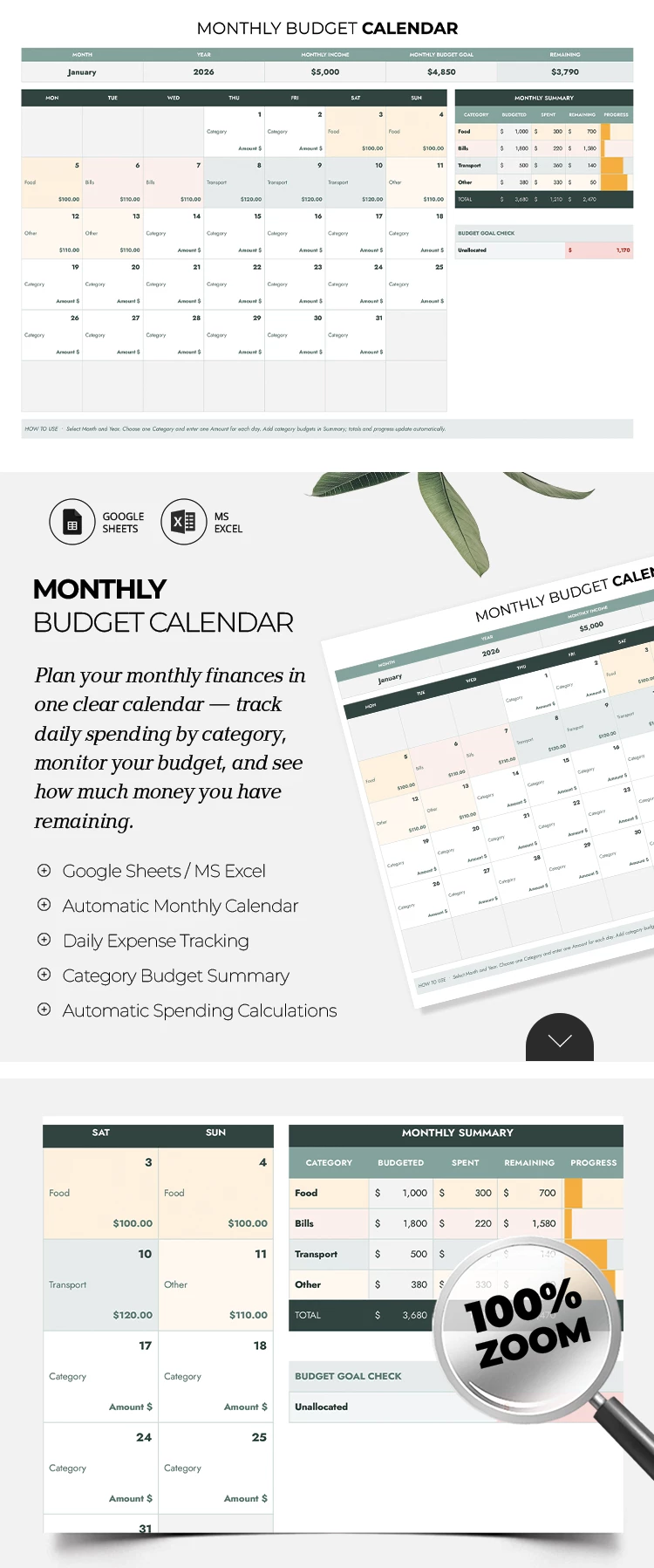Vista previa de Plantilla de Calendario de Presupuesto Mensual para Google Sheets and Microsoft Excel