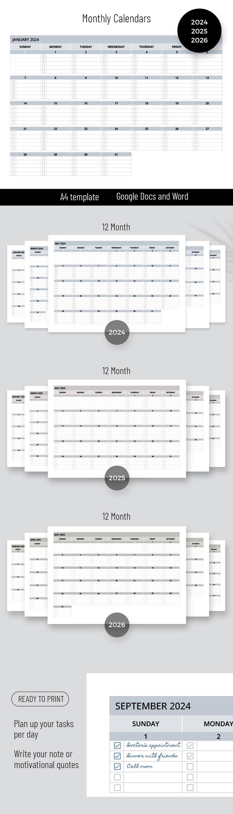 Free Minimalist 2024-2026 Monthly Calendar Template in Google Docs and ...