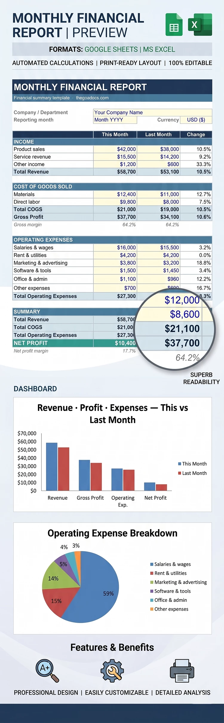 Preview of Monthly Financial Report Template for Google Sheets and Microsoft Excel