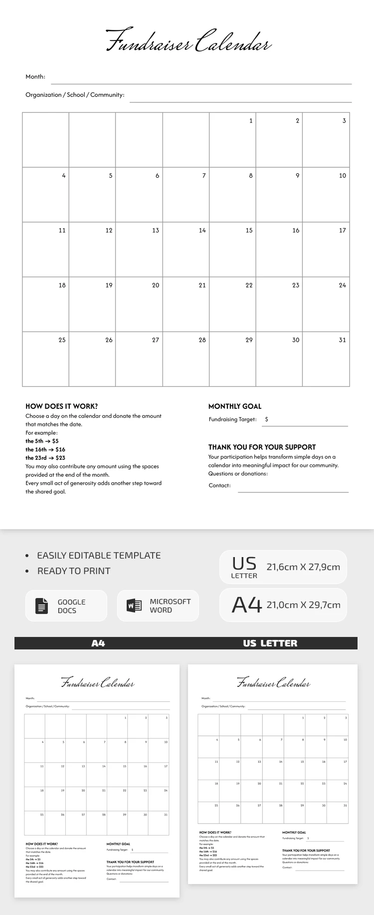 Preview of Monthly Fundraiser Calendar Template for Google Docs and Microsoft Word