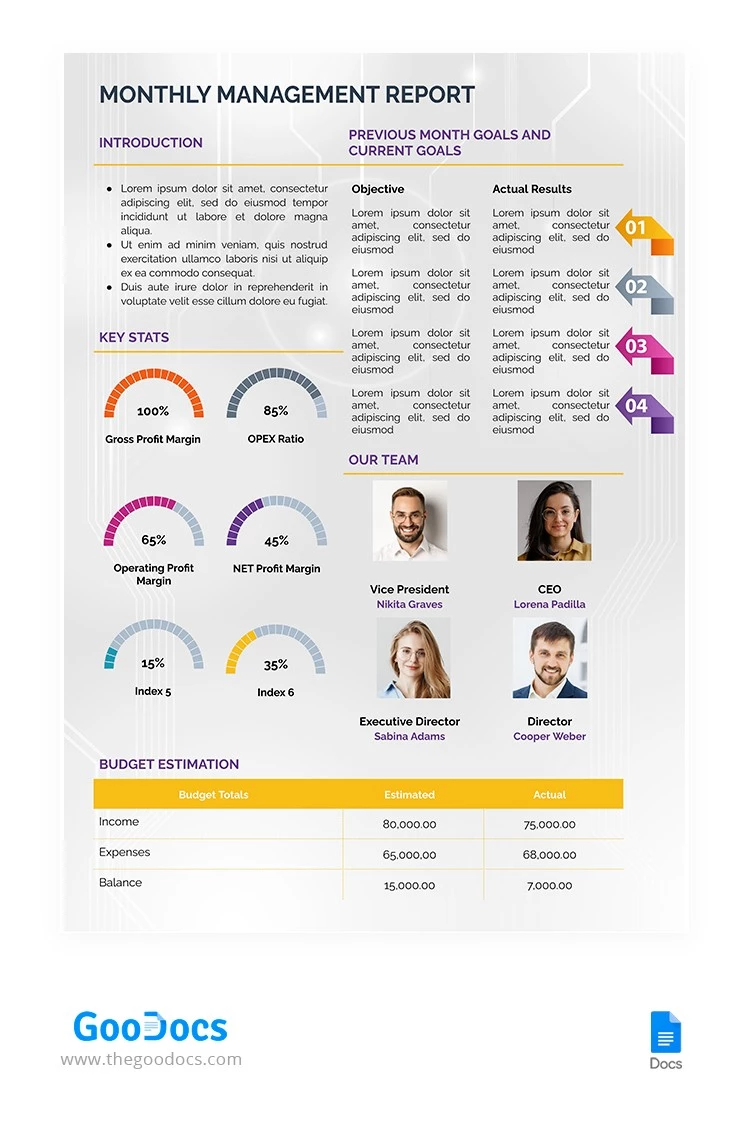 Relatório de Gestão Mensal - free Google Docs Template - 10064770