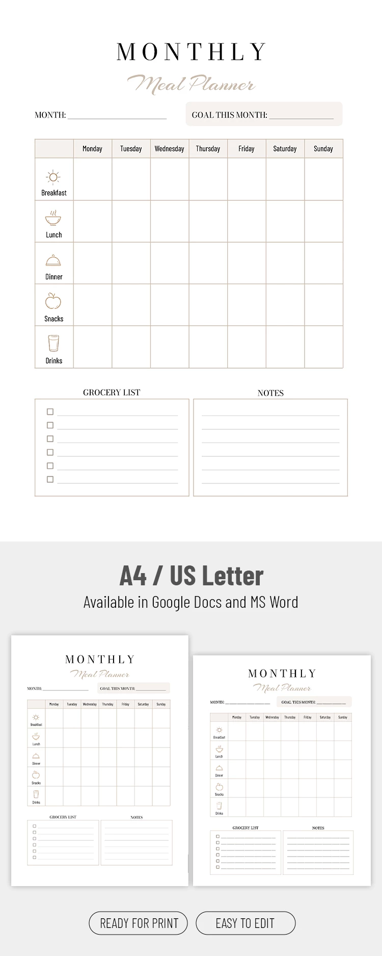 Preview of Monthly Meal Planner Template for Google Docs and Microsoft Word
