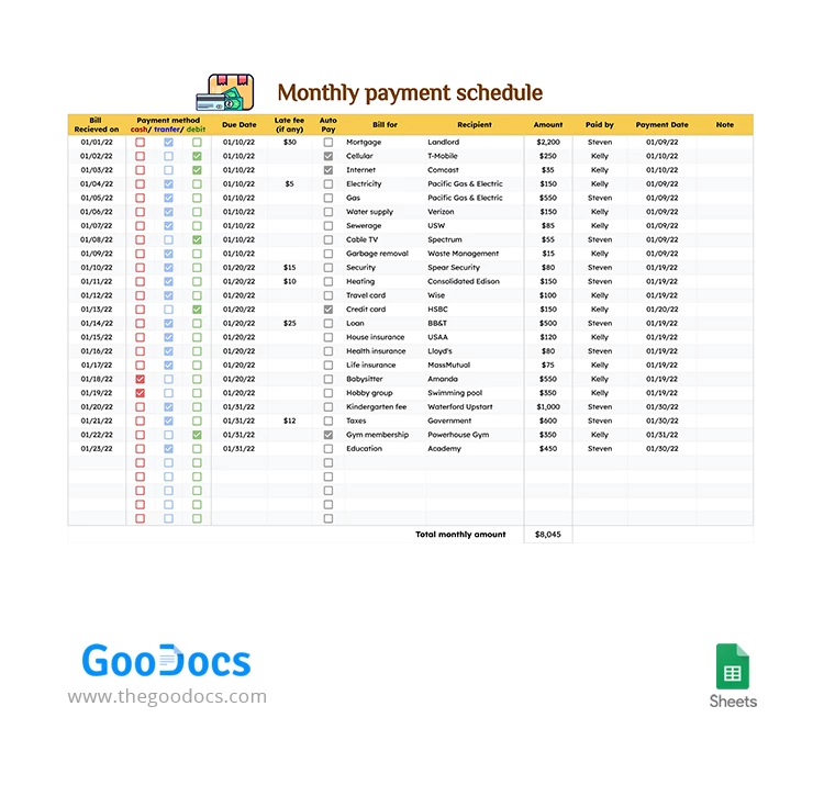 Monthly Payment Schedule - free Google Docs Template - 10064107