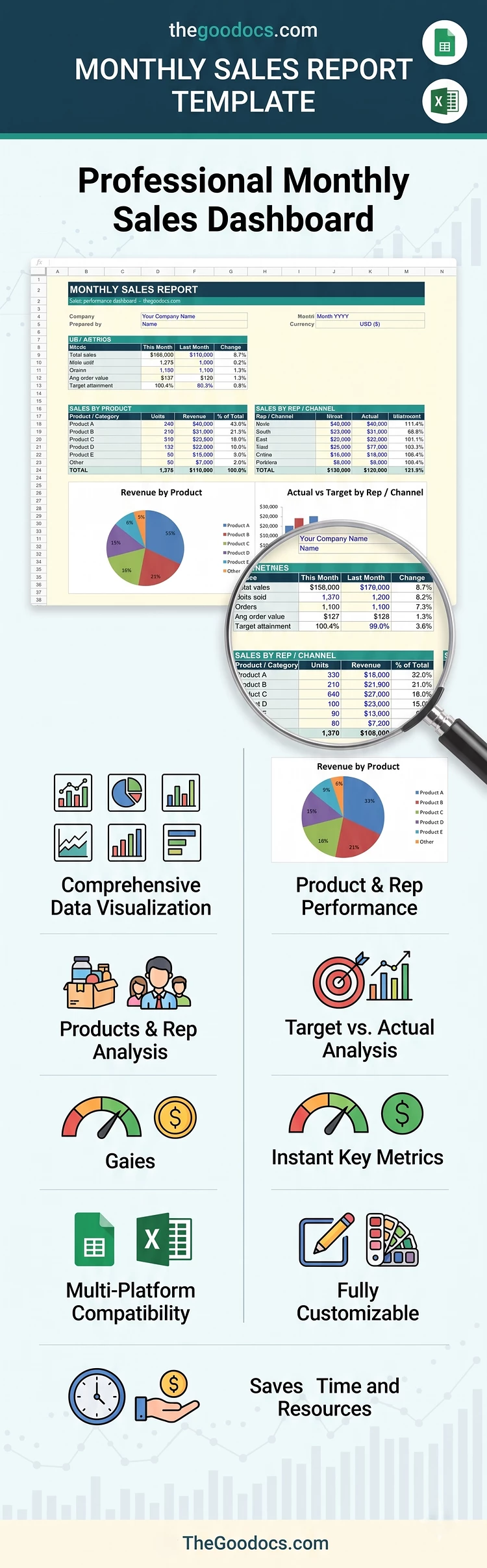 Preview of Monthly Sales Report Template for Google Sheets and Microsoft Excel
