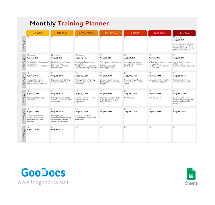 Planificador mensual de entrenamiento - free Google Docs Template - 10066473