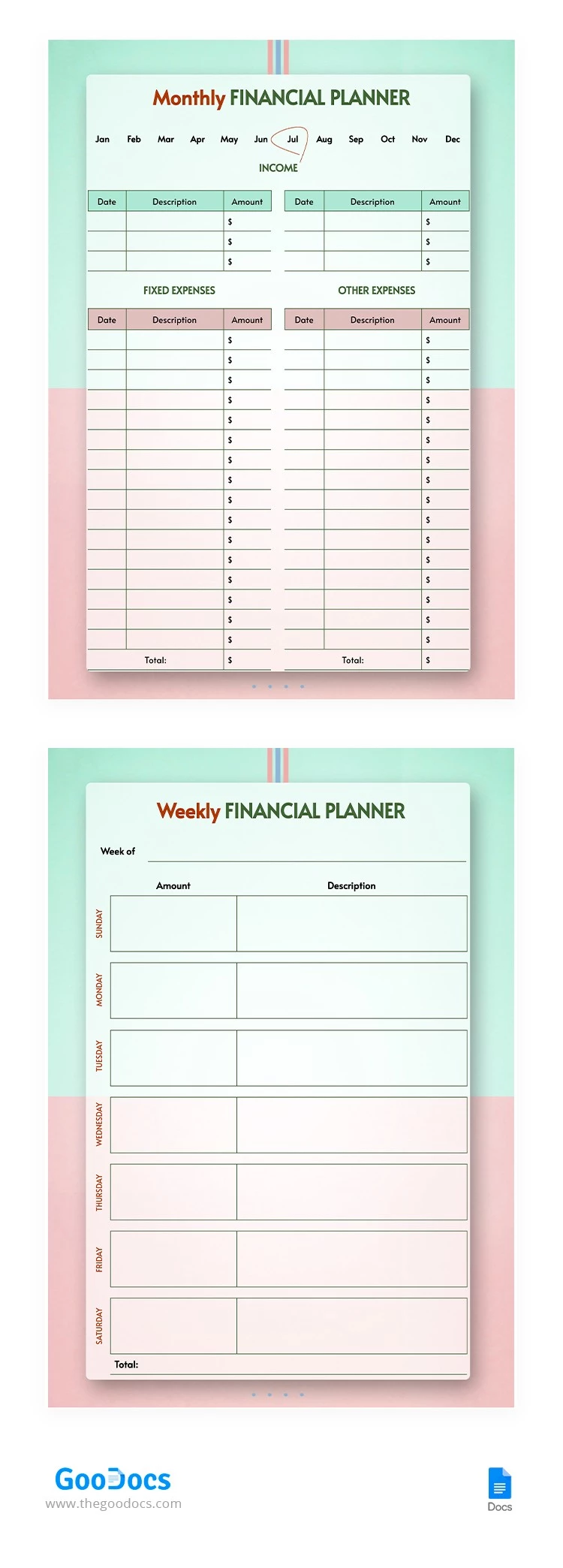 Planejador financeiro mensal e semanal - free Google Docs Template - 10064832