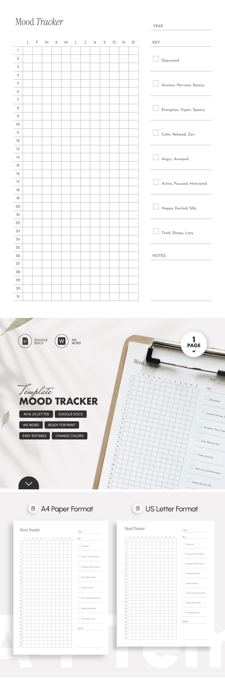 Preview of Mood Tracker Template for Google Docs and Microsoft Word