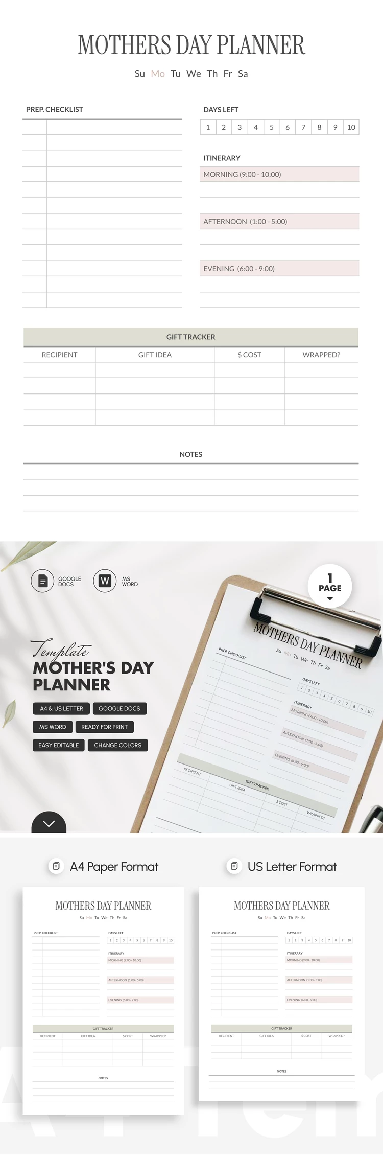 Preview of Mother's Day Planner Template for Google Docs and Microsoft Word