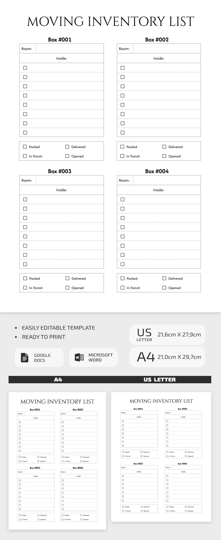 Preview of Moving Inventory List Template for Google Docs and Microsoft Word