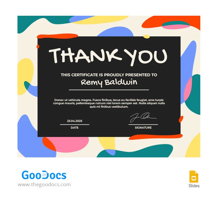 Certificato di ringraziamento Multicolore - free Google Docs Template - 10065327