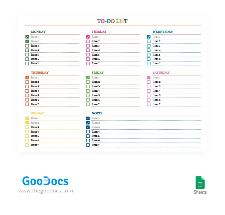 Multicolor To-Do List
Multicolor To-Do-Liste - free Google Docs Template - 10062126