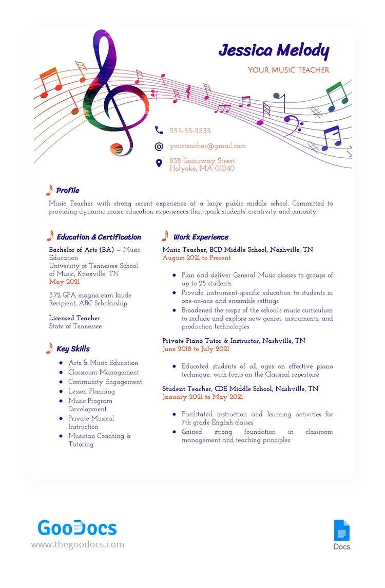 Music Teacher Resume - free Google Docs Template - 10065193