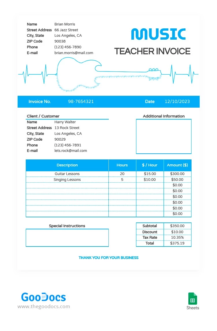 Music Teacher Sheet Invoice - free Google Docs Template - 10063940