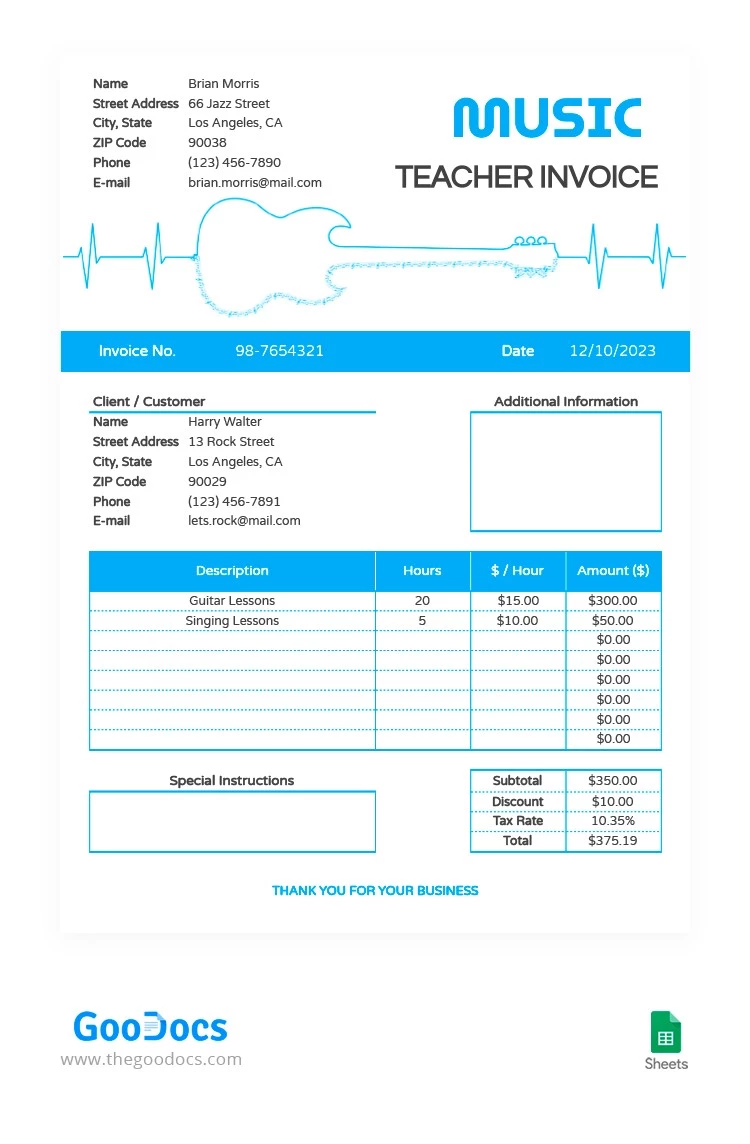 Factura de hoja de profesor de música. - free Google Docs Template - 10063940