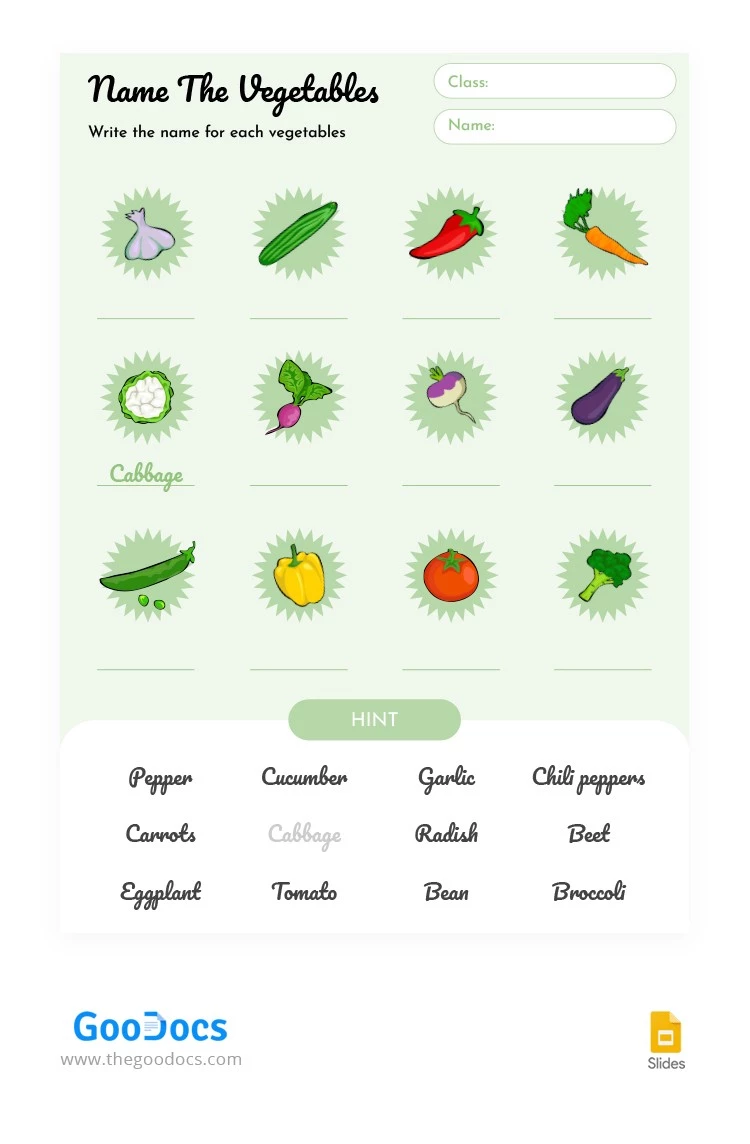 Nomeie a planilha de legumes. - free Google Docs Template - 10064221