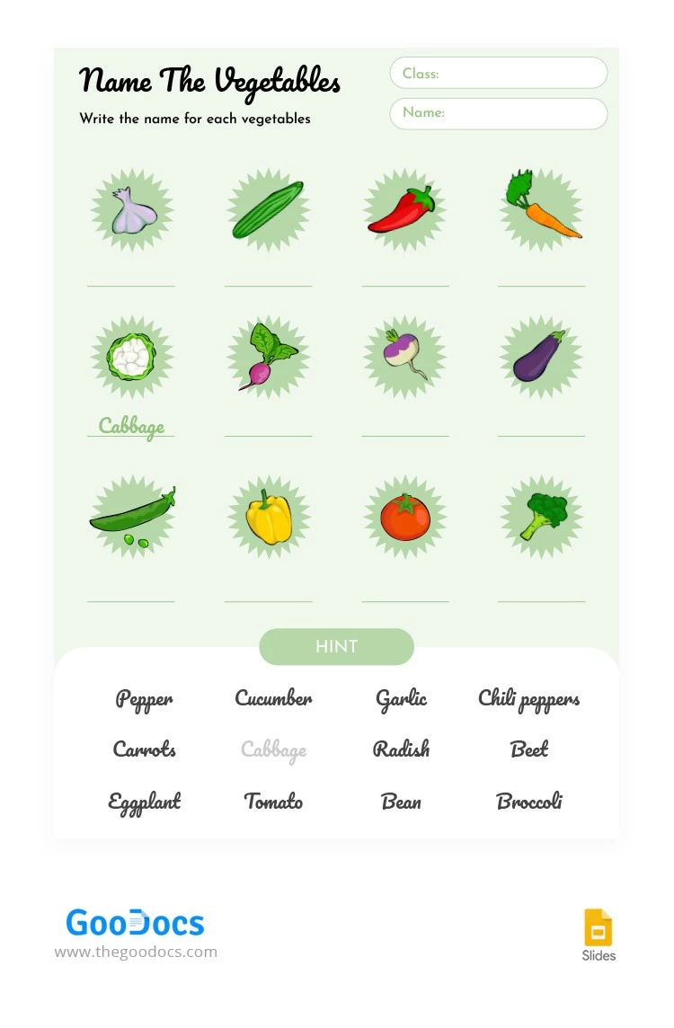 Nombre la hoja de trabajo de las verduras - free Google Docs Template - 10064221