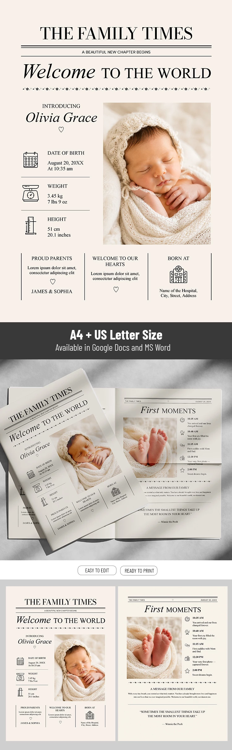 Preview of Newspaper Birth Announcement Template for Google Docs and Microsoft Word